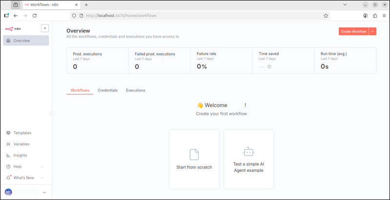 The n8n UI accessed through a browser after a Docker installation.