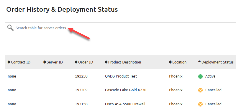 The location of the search bar on the Order History and Status page.