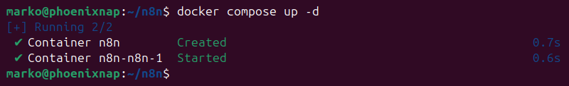 Starting a n8n container in detached mode.
