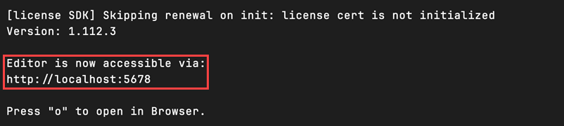 The output of the n8n start command showing the URL for accessing the editor.