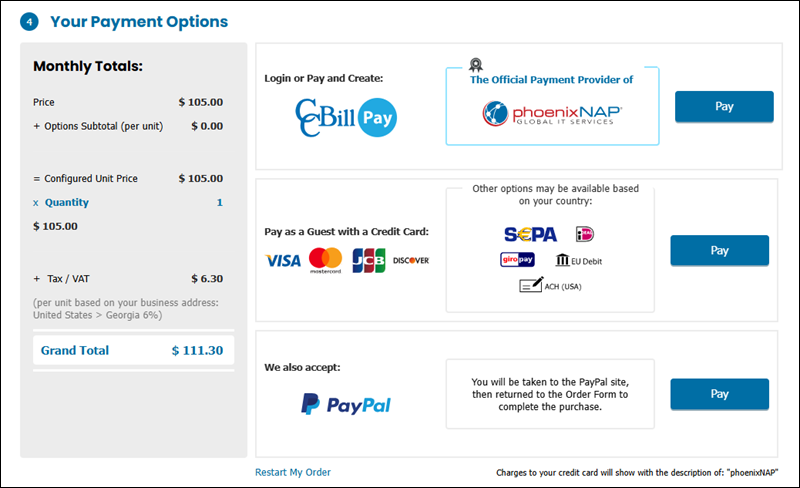 The Your Payment Options step on the Deploy New Server page.