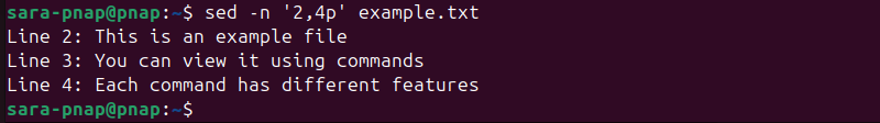 sed -n '2,4p' example.txt terminal output