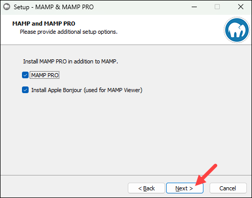 Choose MAMP installation components.