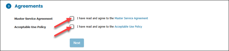 The Agreements step on the Deploy New Server page.