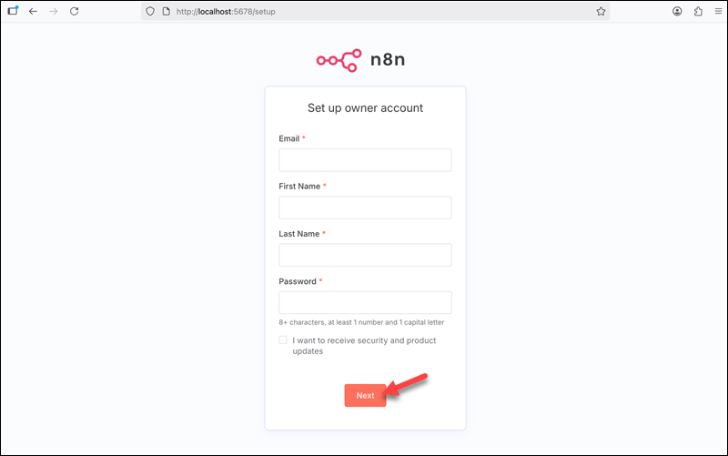 Setting up an owner account in n8n.