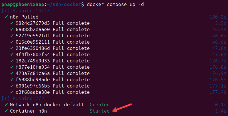 Starting the n8n container in Docker, Ubuntu.