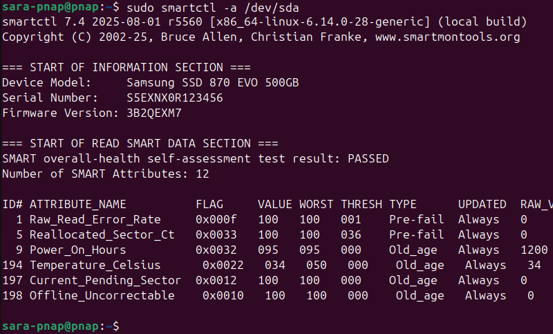 sudo smartctl -a /dev/sda terminal output