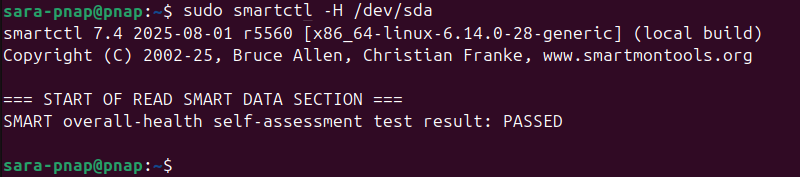 sudo smartctl -H /dev/sda terminal output