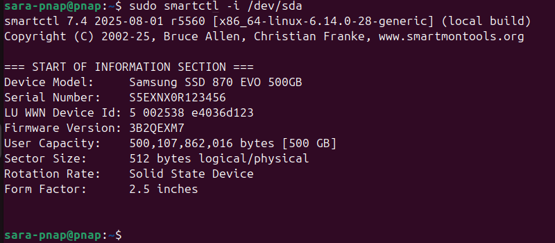 sudo smartctl -i /dev/sda terminal output