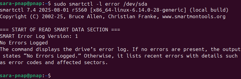 sudo smartctl -l error /dev/sda terminal output