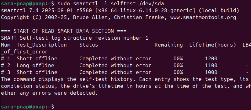 sudo smartctl -l selftest /dev/sda terminal output