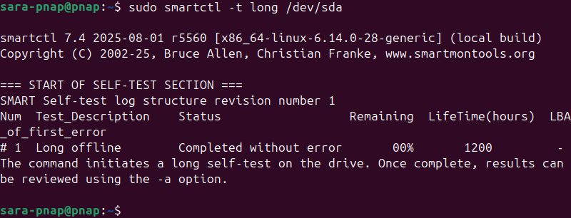 sudo smartctl -t long /dev/sda terminal output