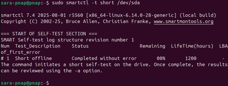 sudo smartctl -t short /dev/sda terminal output