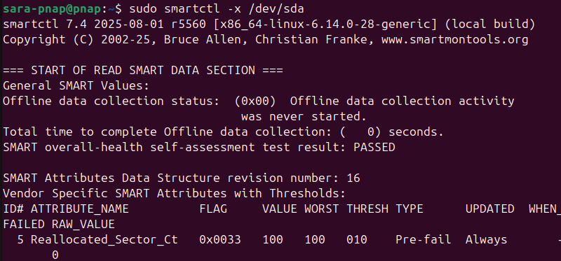sudo smartctl -x /dev/sda terminal output