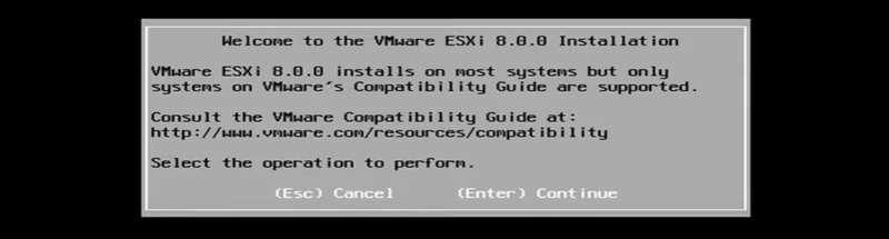 ESXi install wizard welcome screen.