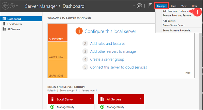 Adding roles and features in Windows Server.