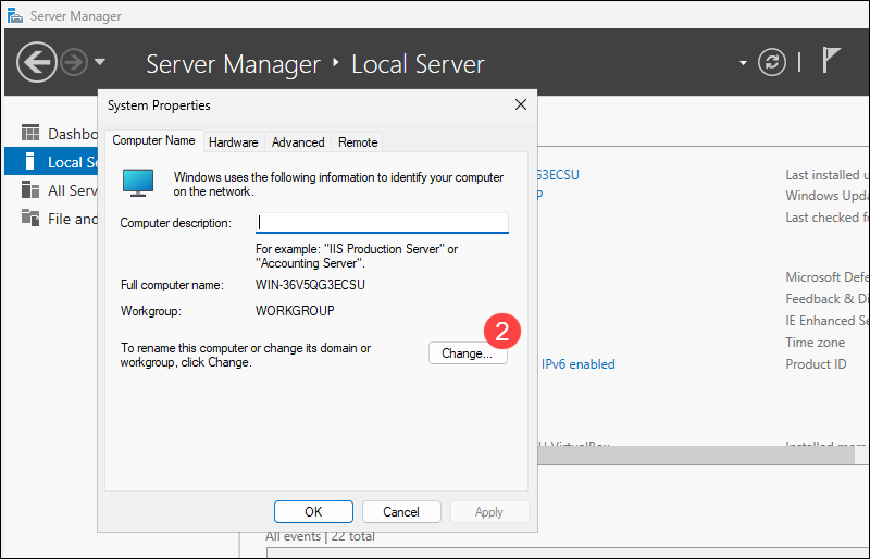 Changing the Windows Server hostname.
