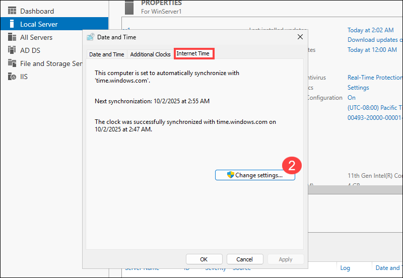 Changing Internet time settings in Windows Server.