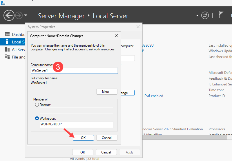 Entering a new Windows Server name.