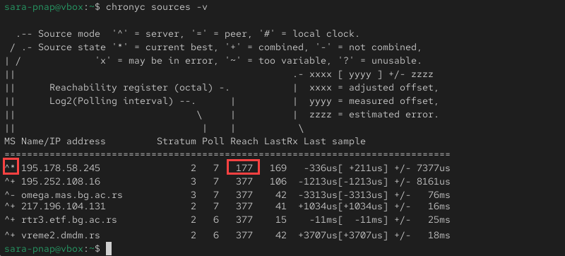 chronyc sources -v terminal output