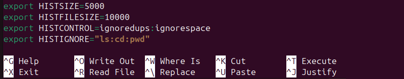 Configuring Bash history in Nano terminal output