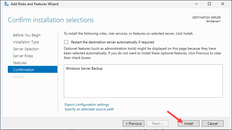 Confirm the installation of the Windows Backup Service.