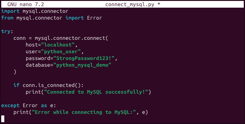 Establishing a connection with MySQL using MySQL-connector.