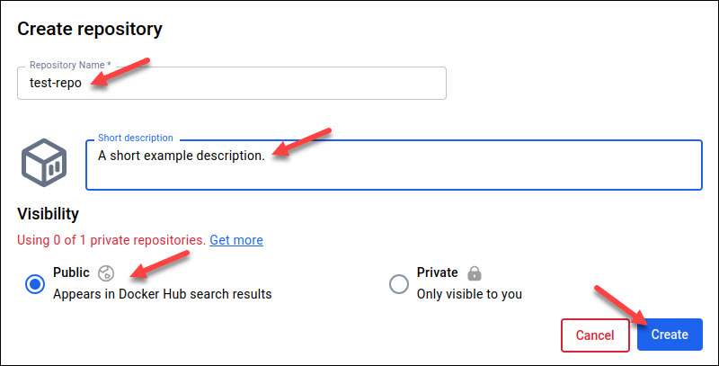Creating a repository in Docker Hub.