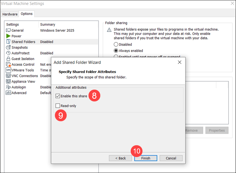 Complete creating a shared folder on Windows VM.