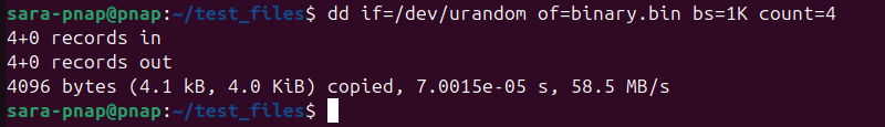 dd if=/dev/urandom of=binary.bin bs=1K count=4 terminal output