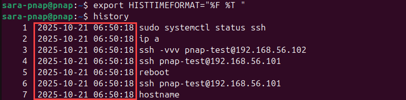 Date and time shown in the history terminal output