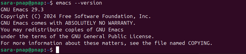 emacs --version terminal output