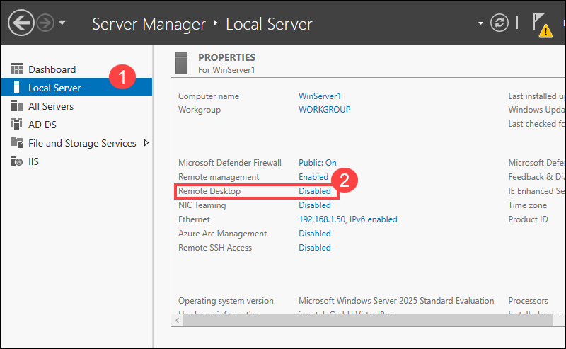 Enabling RDP in Windows Server.