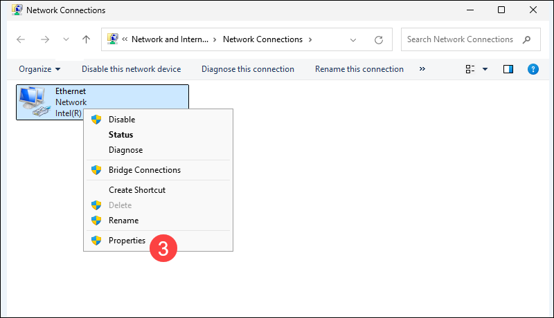 Ethernet adapter properties.