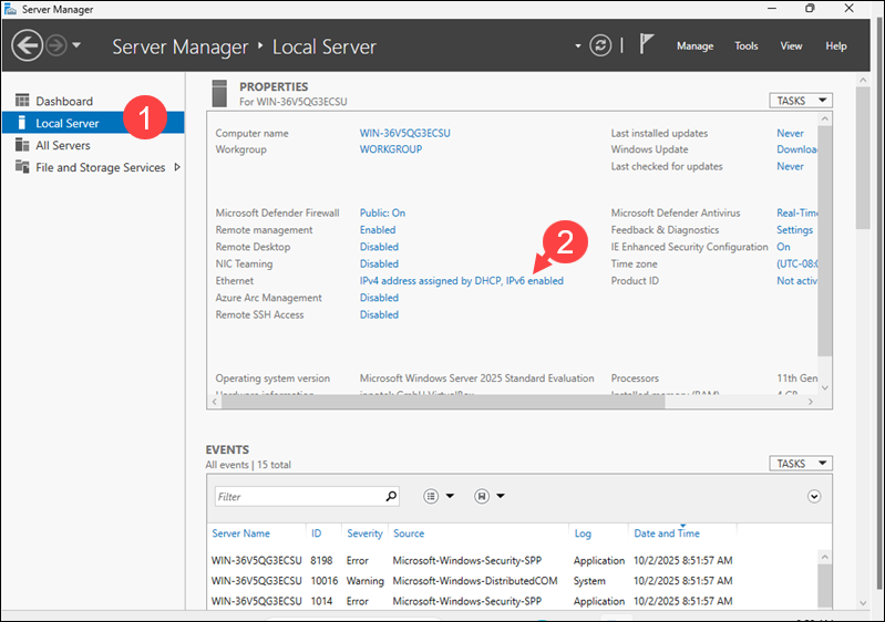 Ethernet settings in Server Manager.