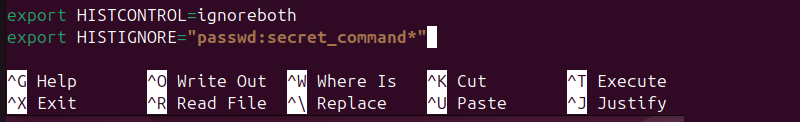 Exclude commands from  history in Nano terminal output