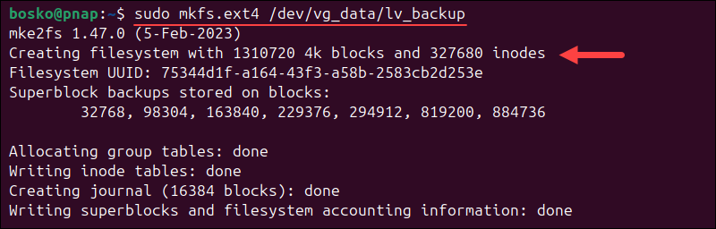 Formatting the logical volume.