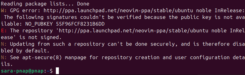 gpg key error terminal output