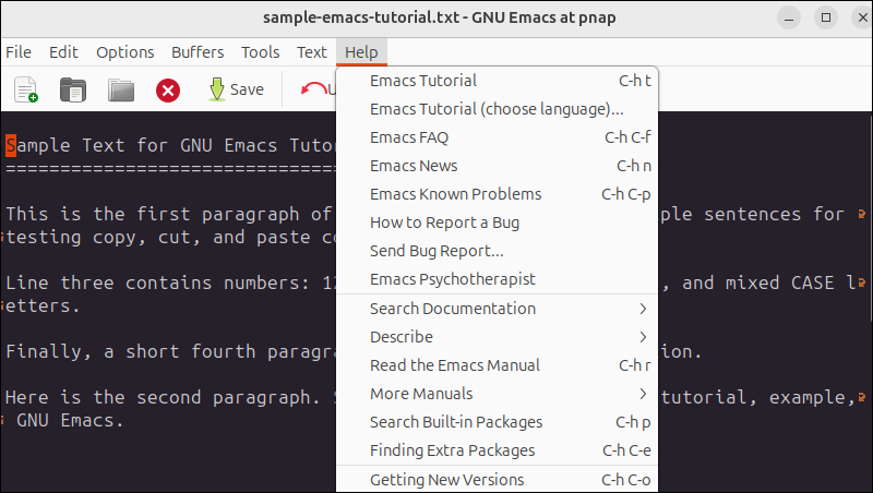 Help menu in Emacs