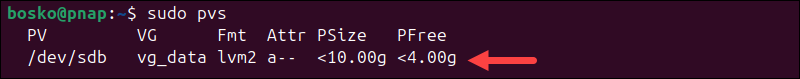 Listing physical volumes in Linux.