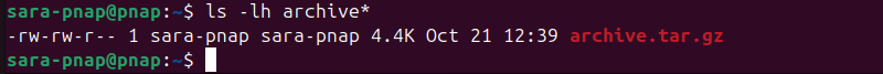 ls -lh archive* command terminal output