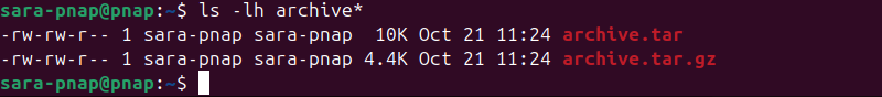 ls -lh archive* terminal output