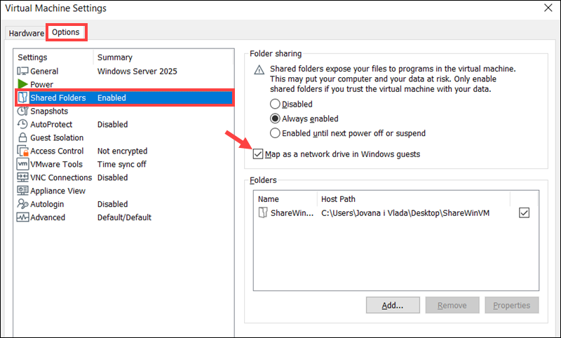Checking if network mapping is enabled in Windows VM in VMware.
