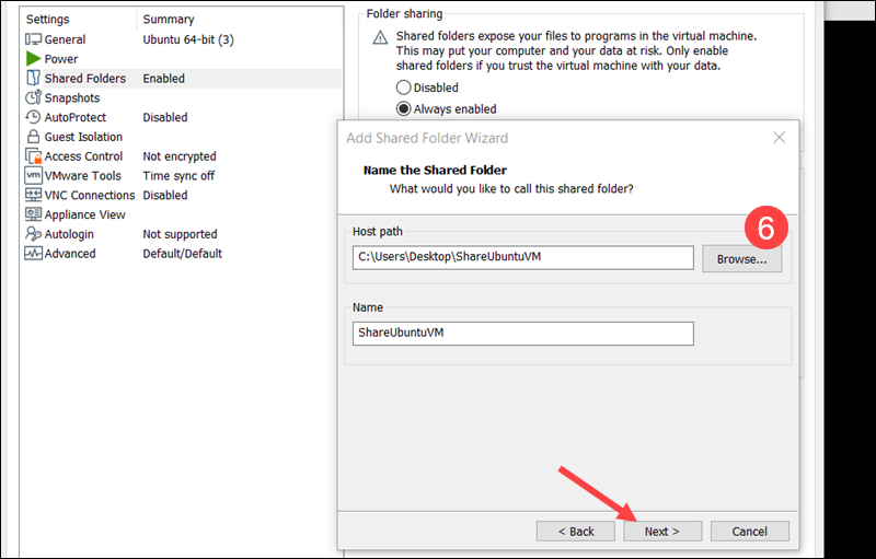 Selecting Shared Folder in VMware.