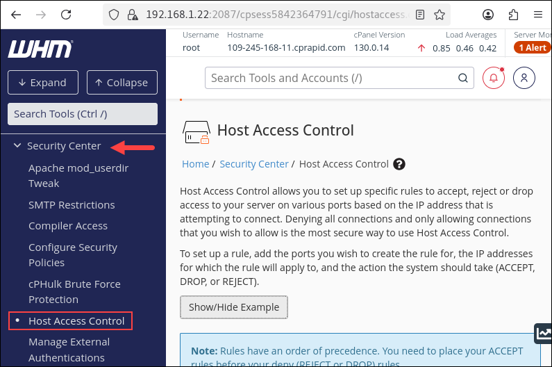 Open Host Access Control in WHM.