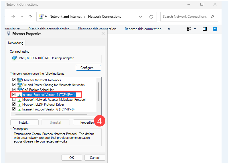 Network protocol setting in Windows Server.