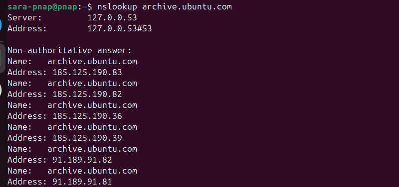 nslookup archive.ubuntu.com terminal output
