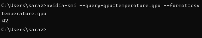nvidia-smi --query-gpu=temperature.gpu --format=csv cmd output