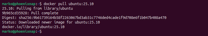 Pulling an Ubuntu 25.10 image from Docker Hub.