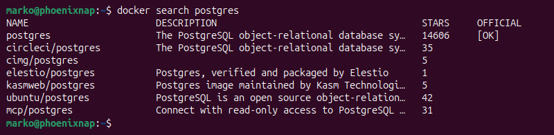 Searching for PostgreSQL containers using Docker CLI.